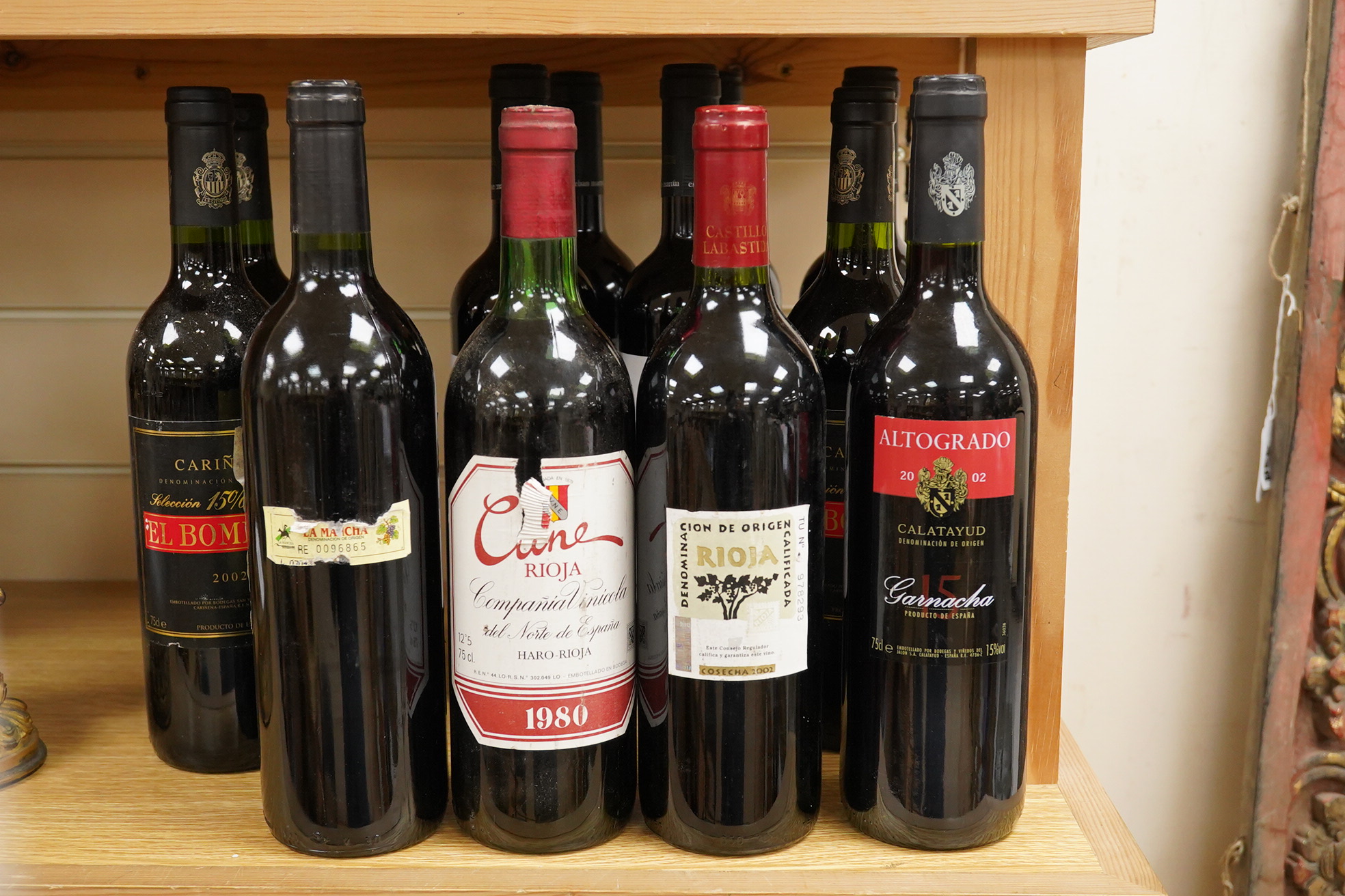 Twelve assorted Spanish wines including five Esteban Martin Carinena, 2020 and three El Bromberg, Carinena, 2002.
